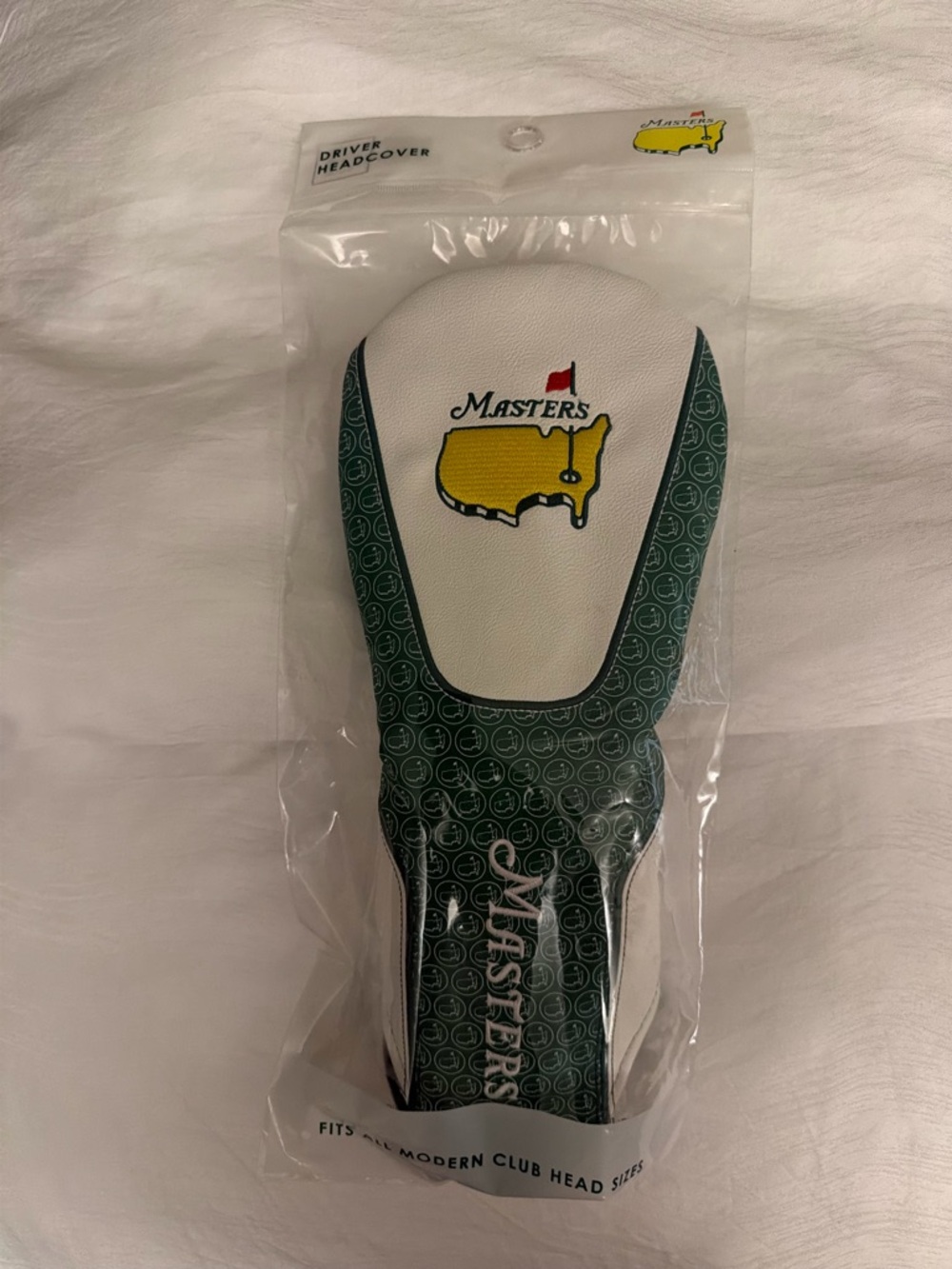 Masters White and Green Golf Driver Headcover with Yellow Logo Accent